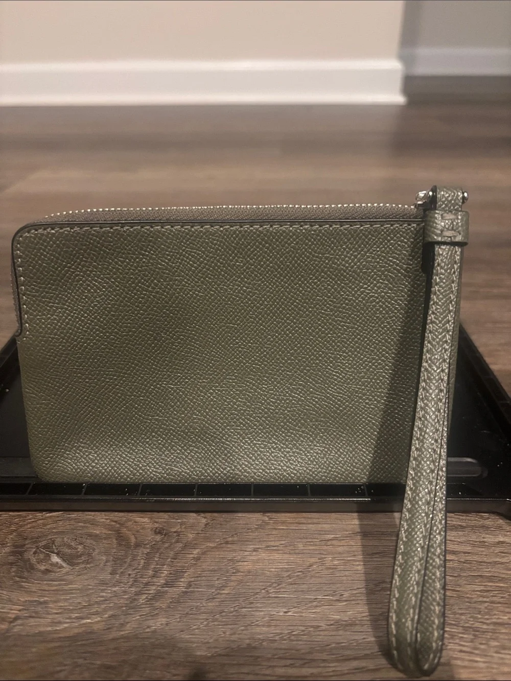 Coach Olive Green Pebbled Leather Wristlet with Silver Logo
